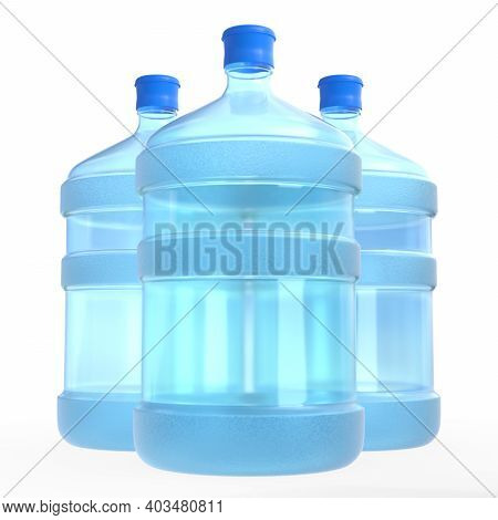 Three Blue 19 Liter Or 5 Gallon Plastic Water Bottles Or Containers Isolated On White Background. 3d