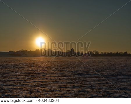 Sunset In Thuringia With Snow At Krippendorf In Winter