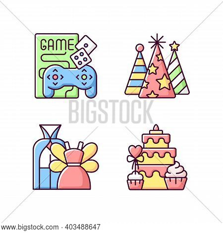 Friends And Family Gathering Party Rgb Color Icons Set. Game Night With Videogames, Boardgames. Birt