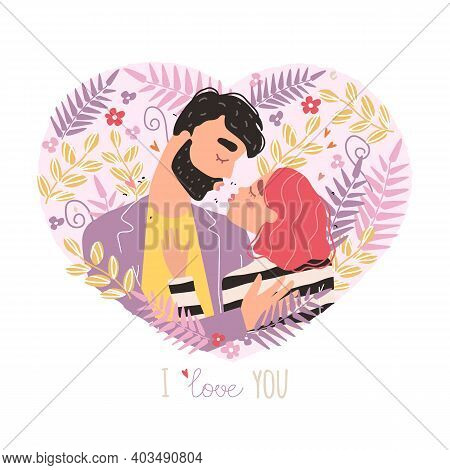 Vector Valentine Card With Cute Characters. Romantic Couple In Love Kissing. World Kissing Day. Clip