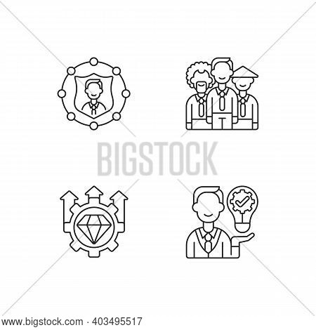 Corporate Values Linear Icons Set. Workplace Diversity. Excellence, High Standards. Ownership Focus.