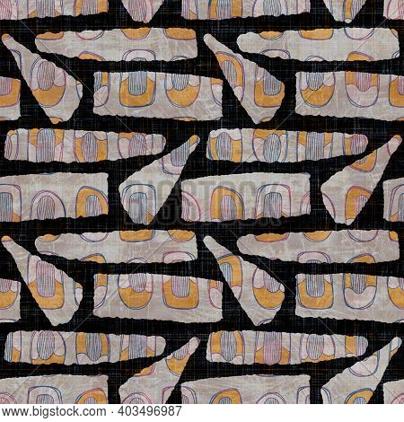 Seamless Dark Geometric Block Print Background. Boho Ethnic Soft Furnishing Fabric Style. Tie Dye Pa