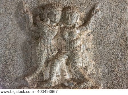 Hampi, Karnataka, India - November 5, 2013: Vijaya Vitthala Temple. Closeup Of Gray-stone Fresco Of 