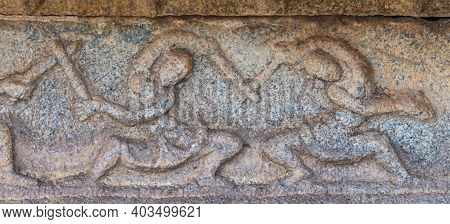 Hampi, Karnataka, India - November 5, 2013: Vijaya Vitthala Temple. Closeup Of Brown Stone Fresco De