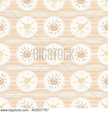 Cute Crayon Sun Scribble Kid Doodle Background. Hand Drawn Earthy Whimsical Motif Seamless Pattern. 
