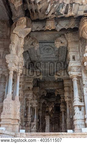 Hampi, Karnataka, India - November 5, 2013: Vijaya Vitthala Temple. Series Of Brown Stone Musical Pi
