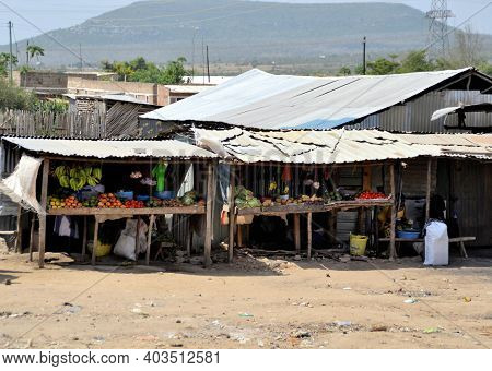Mombasa - Kenya, Africa: January 21, 2018: Small Slums Of Mombasa. Traveling To Mombasa. Kenya, Afri