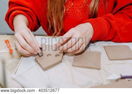 Womens Hands Knead Clay, Drawing Elements Of The Product. Production Of Ceramic Products At The Mast