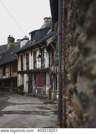 Panorama View Of Old Ancient Historic Traditional Typical Half-timbered Houses Buildings In Malestro