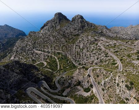 Aerial Panorama Of Winding Curvy Mountain Road Street Sa Corbata Sa Calobra Mallorca Balearic Island