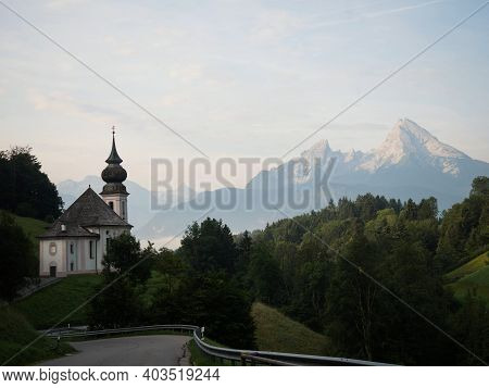 Panorama View Of Picturesque Pilgrimage Church Chapel Maria Gern Mountain Landscape Berchtesgaden Ba