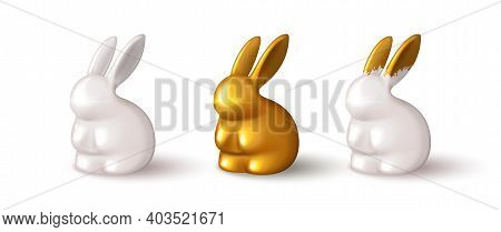 Set Of Realistic Bunnies Isolited On White Background. Realistic Porcelain And Gold Rabbits. Vector 