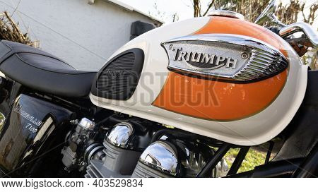 Bordeaux , Aquitaine  France - 01 10 2021 : Triumph Bike Bonneville T100 Detail Sign And Brand Logo