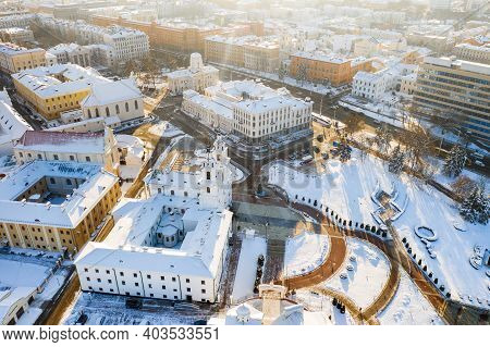 Snow-covered City Center Of Minsk From A Height. The Upper City. Belarus