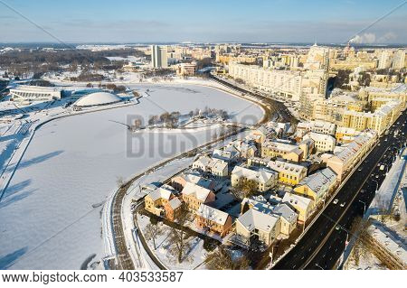 Snow-covered Old Center Of Minsk From A Height. The Trinity Suburb. Belarus