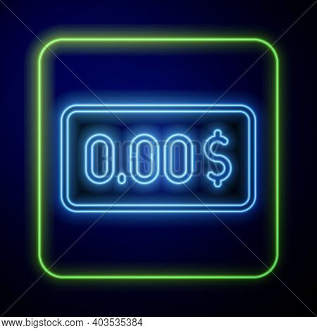 Glowing Neon Zero Cost Icon Isolated On Blue Background. Empty Bank Account. Vector