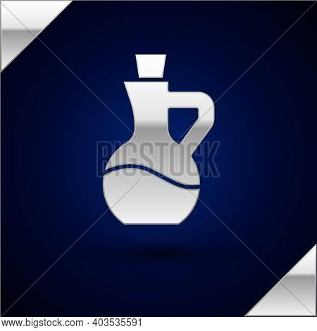 Silver Bottle Of Olive Oil Icon Isolated On Dark Blue Background. Jug With Olive Oil Icon. Vector