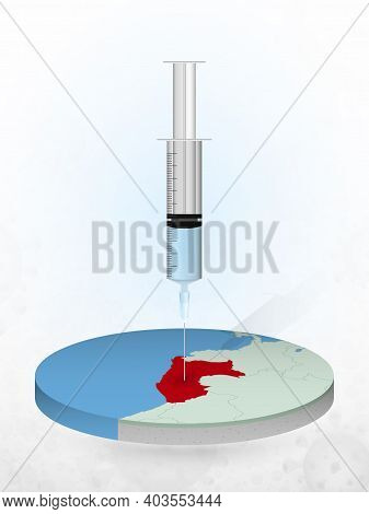 Vaccination Of Peru, Injection Of A Syringe Into A Map Of Peru. Vector Illustration Of A Syringe Wit
