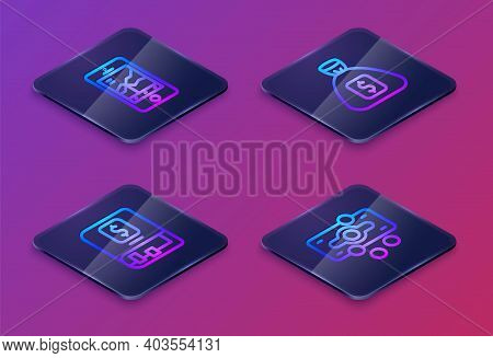 Set Isometric Line Mobile Stock Trading, Financial Book, Money Bag And Stacks Paper Money Cash. Blue