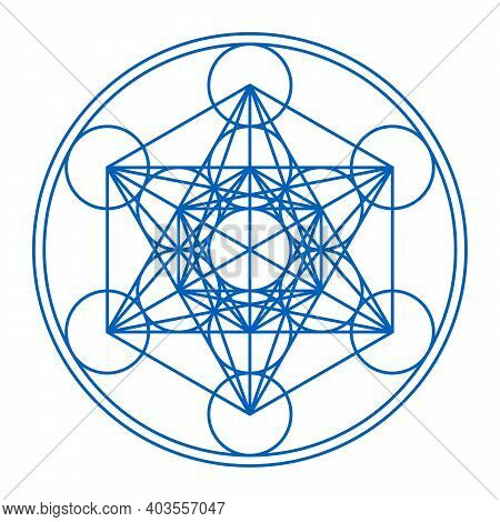Metatrons Cube Framed In Two Circles. Mystical Symbol, Derived From The Flower Of Life. Thirteen Cir