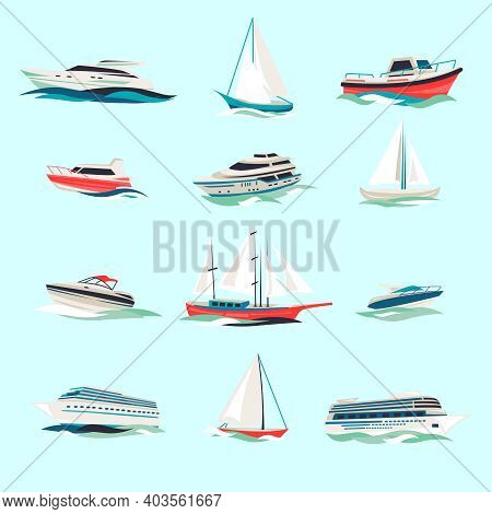Marine Boats Cruise Sea Travel Yacht Motor Vessels Flat Icons Set With Jet Cutter Abstract Isolated 