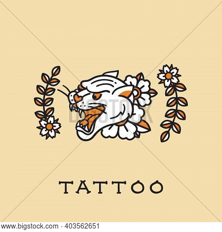 A Traditional Tattoo Of A Tiger Vector On Isolated Background. Oriental Inspired Design.