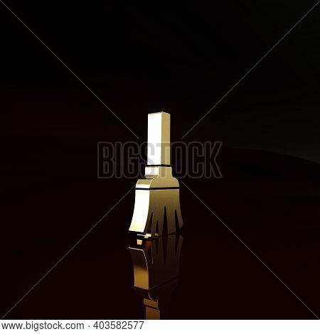 Gold Feather Broom For Cleaning Icon Isolated On Brown Background. Feather Duster. Minimalism Concep