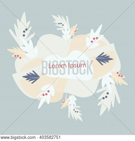 Botanical Background Grey Green Beige Leaves Blue Red Fruits On Blue Lorem Ipsum Art Design Stock Ve