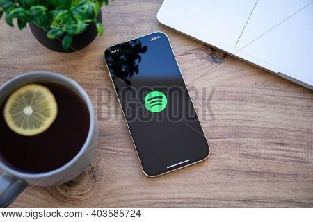 Alanya, Turkey - December 6, 2020: Iphone 11 Pro Max Gold With Cloud Audio Streaming And Music Servi