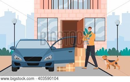 Male Character Is Moving To A New House. Man Is Carrying And Loading Boxes Into Blue Car Because Of 