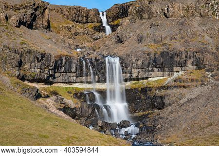 Waterfall Bergarfoss In Hornafjordur In South Icelandic Countryside