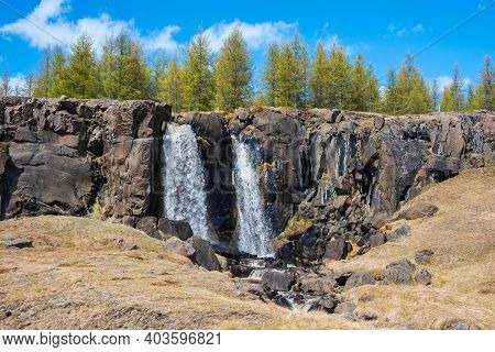 Waterfall In Fljotsdalur In East Icelandic Countryside Nature