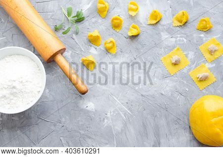 Proccess Of Making Tortellini. Freshly Prepared Homemade Raw Tortellini. Traditional Italian Cuisine