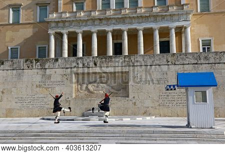 Athens, Greece - December 18,2019: Presidential Guard Soldier (evzones Or Evzonoi) Parades In Front 