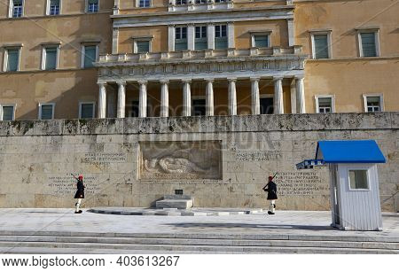 Athens, Greece - December 18,2019: Presidential Guard Soldiers (evzones Or Evzonoi) Parade In Front 