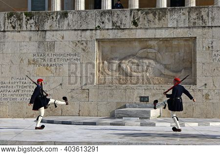 Athens, Greece - December 18,2019: Presidential Guard Soldiers (evzones Or Evzonoi) Parade In Front 