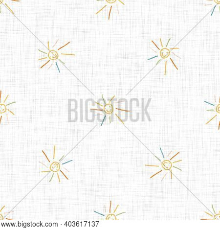 Cute Rainbow Scribble Sun Doodle Background. Hand Drawn Whimsical Motif Seamless Pattern. Naive Simp