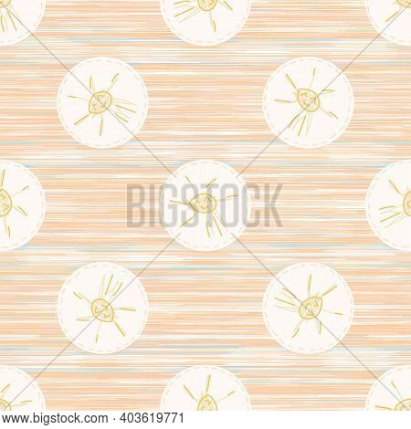 Cute Crayon Sun Scribble Kid Doodle Background. Hand Drawn Earthy Whimsical Motif Seamless Pattern. 
