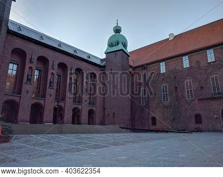 Stockholm, Sweden - April 19 2019: The View Of City Hall Or Stadshuset Inner Yard On April 19 2019 I