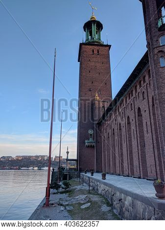 Stockholm, Sweden - April 19 2019: Close Up View Of City Hall Or Stadshuset On April 19 2019 In Stoc