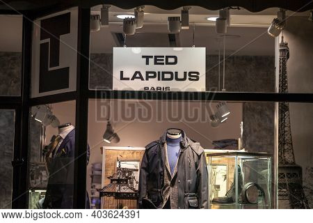 Belgrade, Serbia - December 20, 2020: Ted Lapidus Logo In Front Of Their Shop In A Belgrade Street A