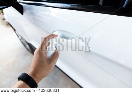 Close Up Hand Push Spray Alcohol For Kill Coronavirus Before Tuch