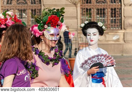 Timisoara, Romania - March 31, 2017: Geisha, Woman In Traditional Japanese Kimono At The Checkart Ca