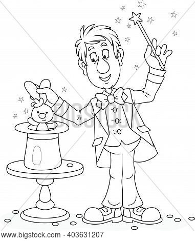 Artful Circus Magician Illusionist Conjuring Tricks With A Small Rabbit And Waving A Magic Wand Abov
