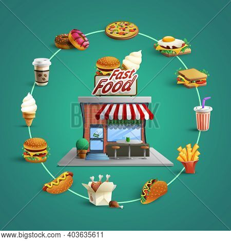 Fast Food Restaurant Concept With Circle Flat Pictograms Of  French-fry Hamburger And Hotdog Backgro