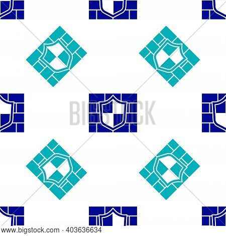 Blue Shield With Cyber Security Brick Wall Icon Isolated Seamless Pattern On White Background. Data 