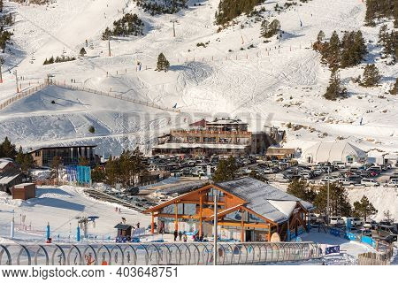 Grandvalira, Andorra: 2021 January 17: Parking And Restaurant Of The Grandvalira Ski Resort In Grau 