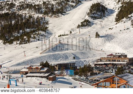 Grandvalira, Andorra: 2021 January 17: Parking And Restaurant Of The Grandvalira Ski Resort In Grau 