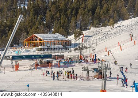 Grandvalira, Andorra: 2021 January 17: Parking And Restaurant Of The Grandvalira Ski Resort In Grau 