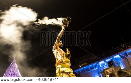 Varanasi, India - May 06, 2019 - Varanasi Ganga Aarti Rituals At Dashashwamedh Ghat Performed By You
